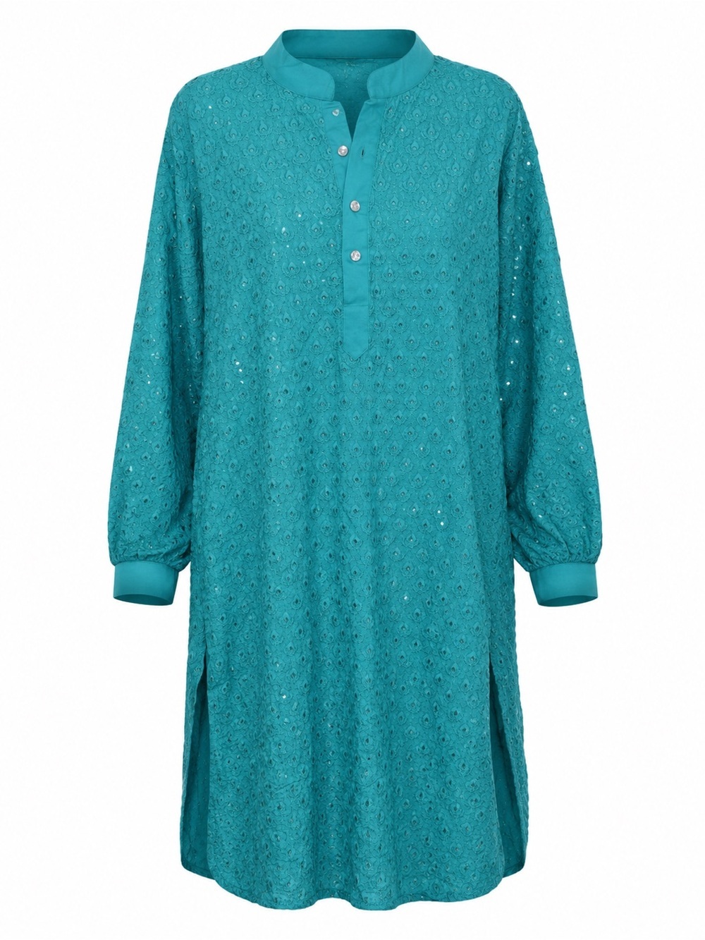 Turquoise Embroidered Sequin Cotton Tunic Dress Boho  Coastal Cottagecore